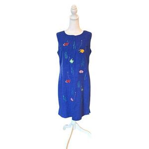 Ultra Dress Linen Sleeveless Mini Dress With Embroidered Fish Womens 12 Blue